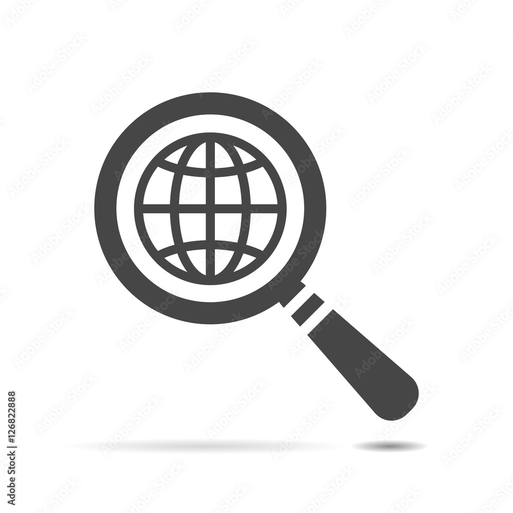 search icon of flat globe planet, vector magnifying glass search icon of flat globe planet, vector magnifying glass