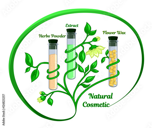 Conceptual illustration depicting the test tube with natural ingredients such as extract, floral wax and herbal powder