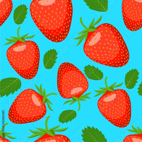 Fototapeta Naklejka Na Ścianę i Meble -  Excellent seamless pattern with with strawberry and leaves on blue background