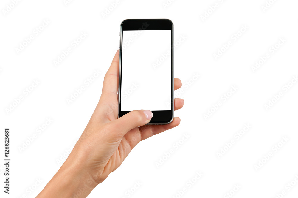 hand holding cellphone with white screen at isolated background hand holding cellphone with white screen at isolated background