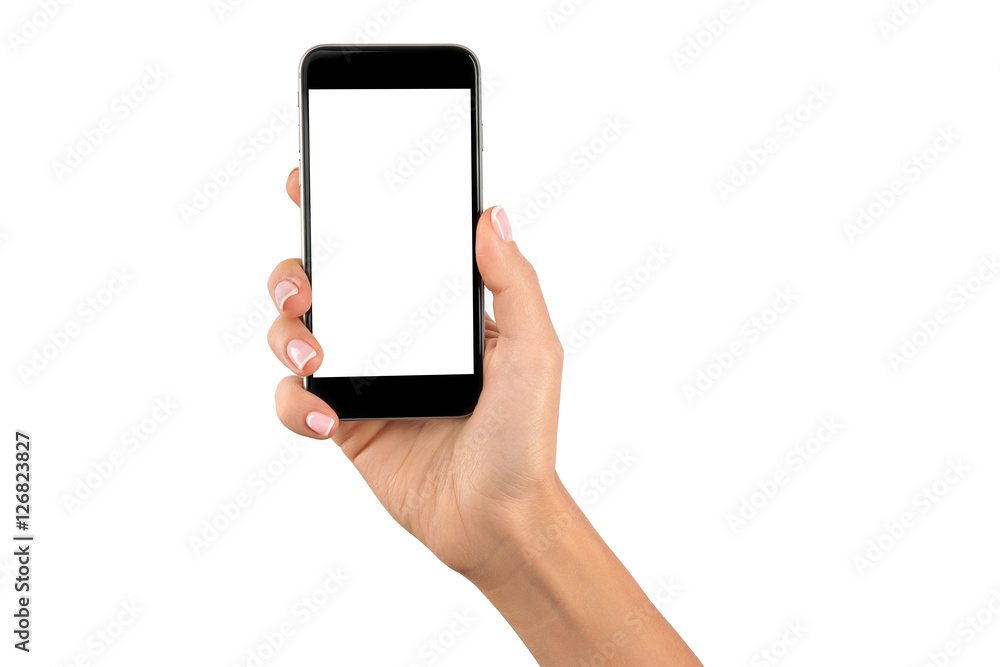 hand holding cellphone with white screen at isolated background - obrazy, fototapety, plakaty 