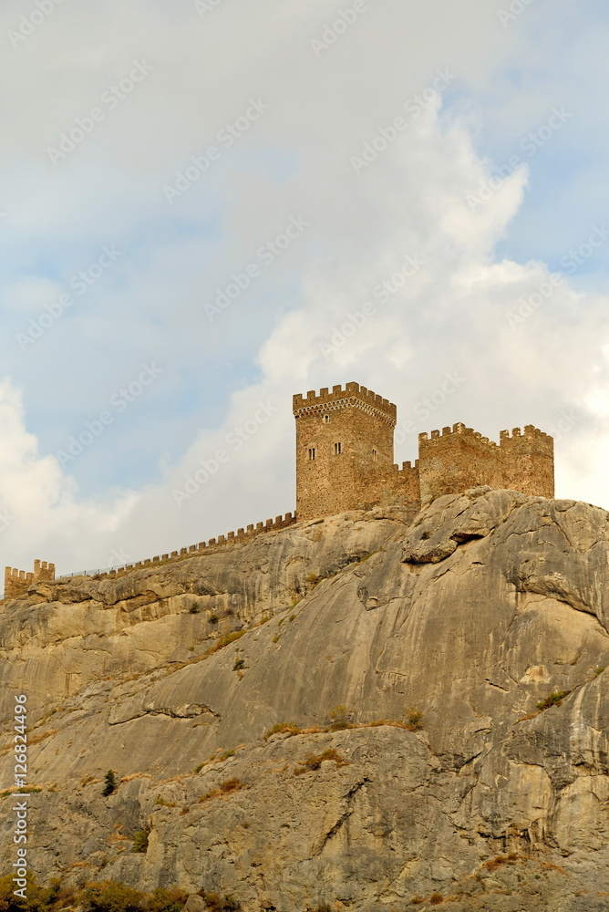 View of the Genoese fortress in Sudak town, sea