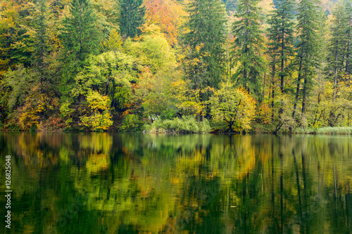 Autum forest lake Kozjak in Plitvice National Park