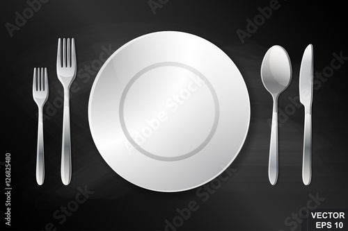 Cutlery. Spoon, fork, knife and plate. Serving. Preparing for dinner. Realistic.