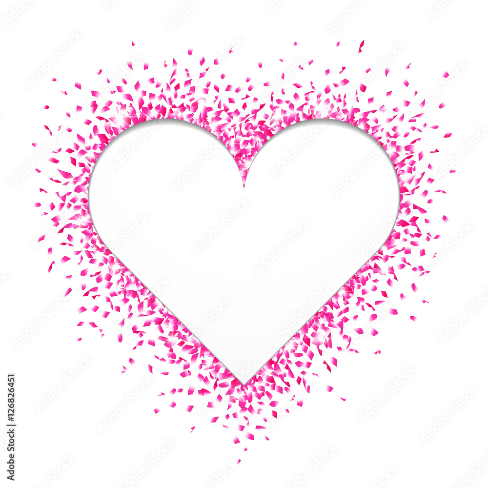 Heart shaped cutout surrounded with bright and shiny pink confetti on white background. Vector illustration. Heart shaped cutout surrounded with bright and shiny pink confetti on white background. Vector illustration.