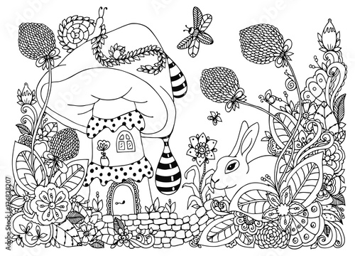 Vector illustration zentangl, house in the mushroom, rabbit in the flowers. Doodle drawing. Coloring book anti stress for adults. Meditative exercises. Black and white.