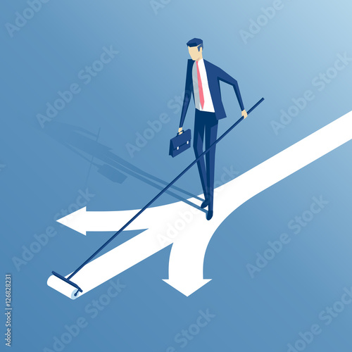 an employee stands at a crossroads and draws a new arrow is offered, a businessman chooses is own an option or a path isometric illustration, business concept choice and creativity