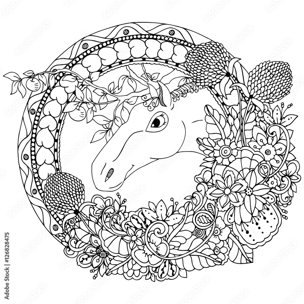 Fototapeta premium Vector illustration zentangl the horse in a round floral frame. Doodle floral drawing. A meditative exercises. Coloring book anti stress for adults. Black and white.