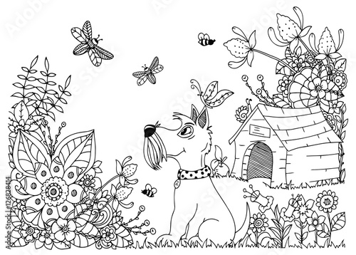 Fototapeta Naklejka Na Ścianę i Meble -  Vector illustration zentangl, dog kennel and in flowers. Doodle floral drawing. A meditative exercises. Coloring book anti stress for adults. Black and white.