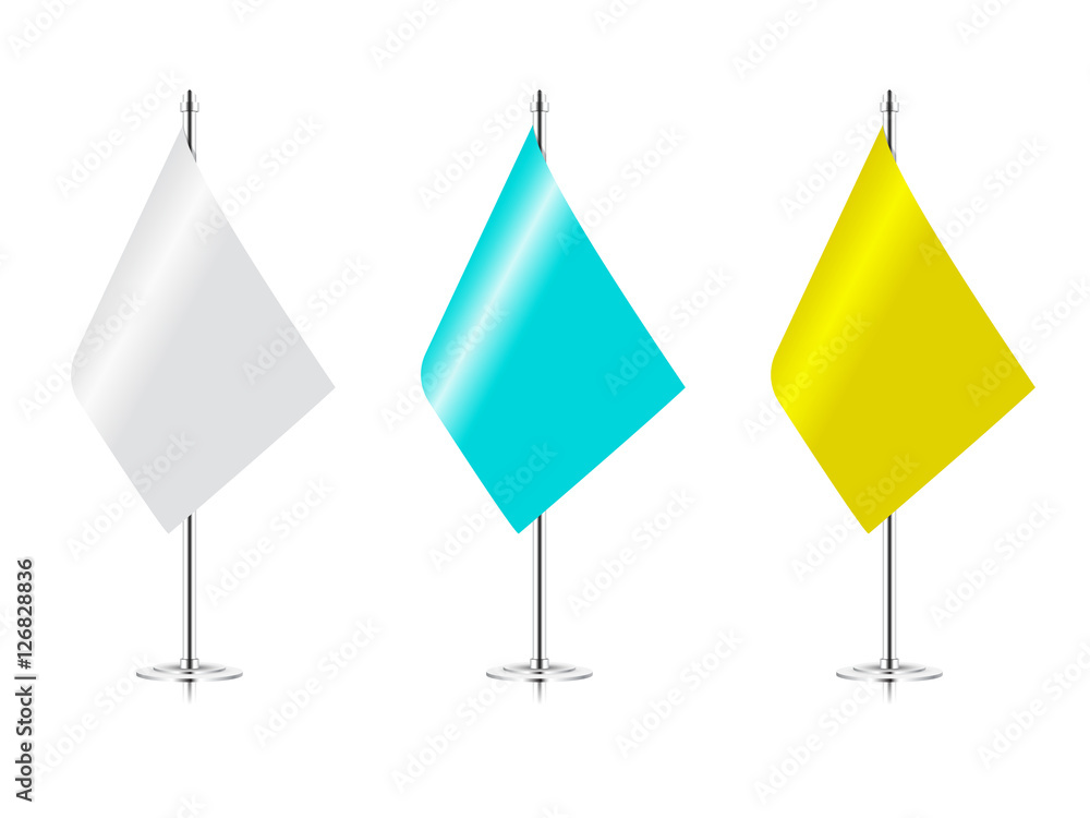 set of vector realistic table desk flags. pennant style flags. vector desk flags mockup isolated on white background. white, blue and yellow table flags set of vector realistic table desk flags. pennant style flags. vector desk flags mockup isolated on white background. white, blue and yellow table flags