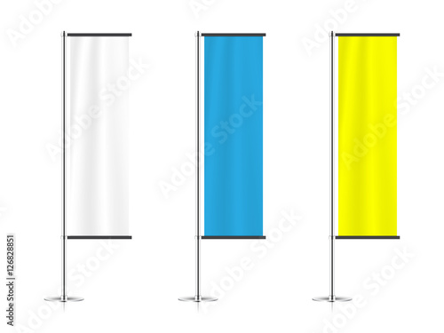 banner templates isolated on white background. mock up of realistic trade exhibition stand displays. blank event flags. beach flag mockup