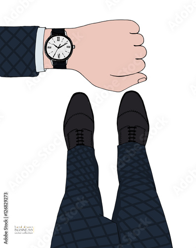 Top view illustration of gentlemen in classic fashionable checkered suit and leather shoes checking time on wrist watch. Businessman at work. Male hand, legs. Colored hand drawn ink sketch in vector