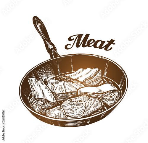 Cooking. Frying pan with meat. Sketch vector illustration