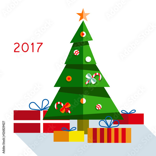 Christmas tree with gifts 2017 on  background.