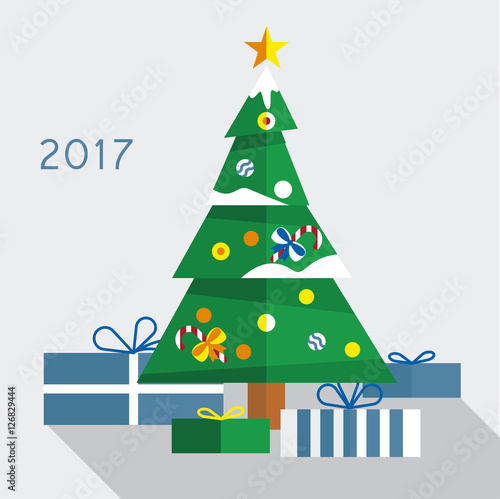 Christmas tree with gifts 2017 on  background.