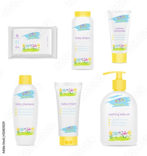 Baby cosmetic tubes with colorful kids design. Vector