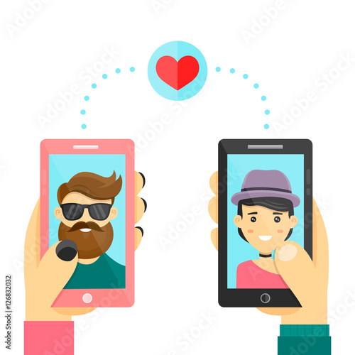 Online dating love app concept. Men and women use smarphone to develop relations and date. Vector modern flat cartoon character illustration. Isolated on white background