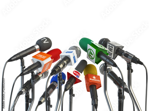 Canvas Print Microphones prepared for press conference or interview isolated