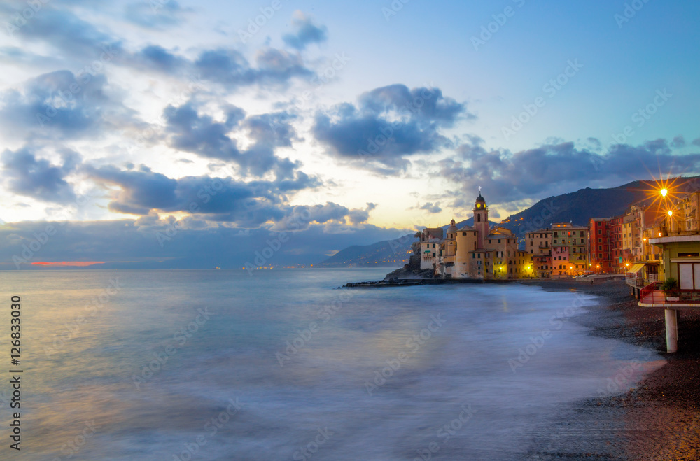 Fototapeta premium Beautiful Small Mediterranean Town at the evening time with illumination - Camogli (Genoa), Italy, European travel