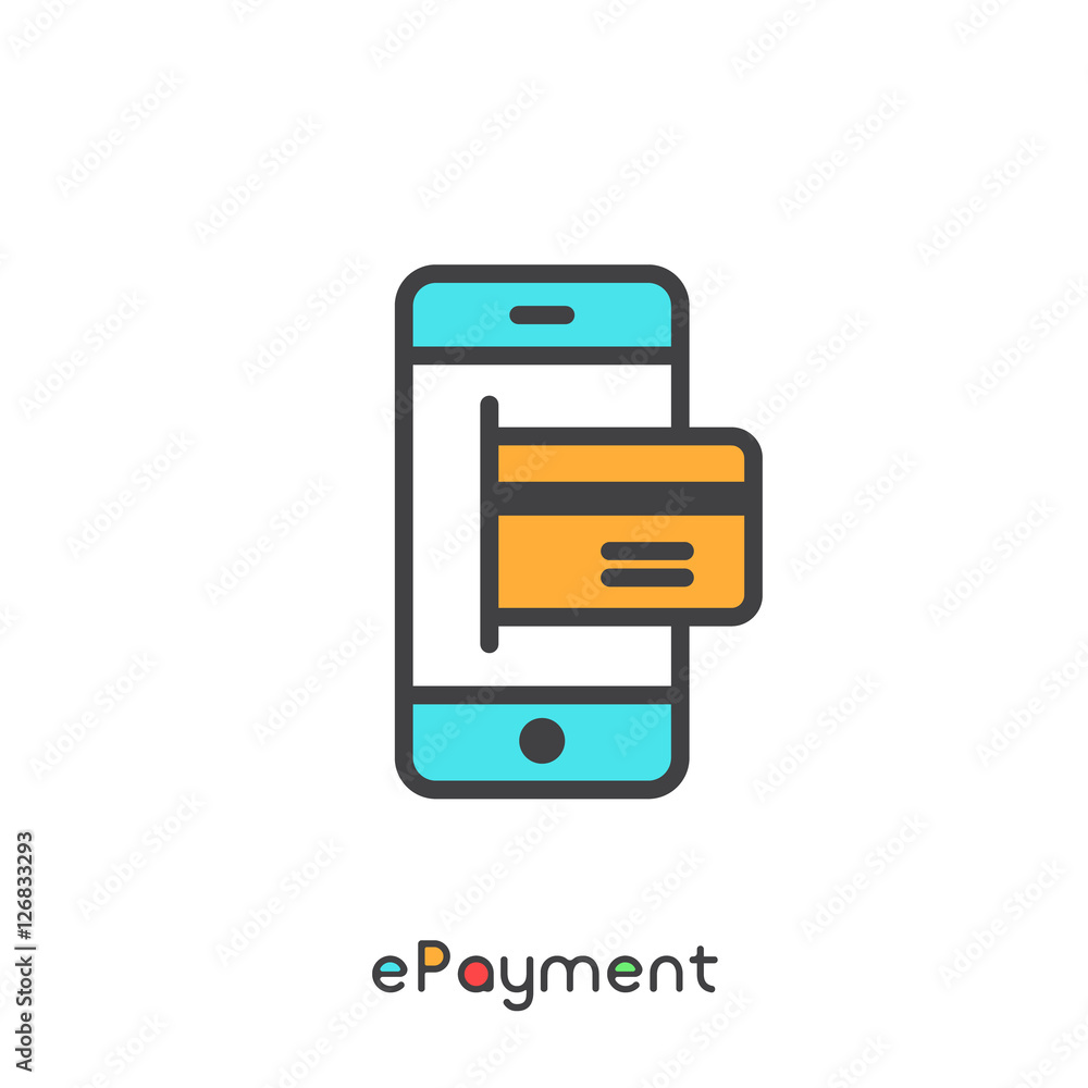 ePayment and Electronic Payment Mobile Device with Card Internet Shopping. Vector Simple Icon ePayment and Electronic Payment Mobile Device with Card Internet Shopping. Vector Simple Icon