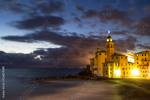 Beautiful Small Mediterranean Town at the evening time with illumination - Camogli (Genoa), Italy, European travel