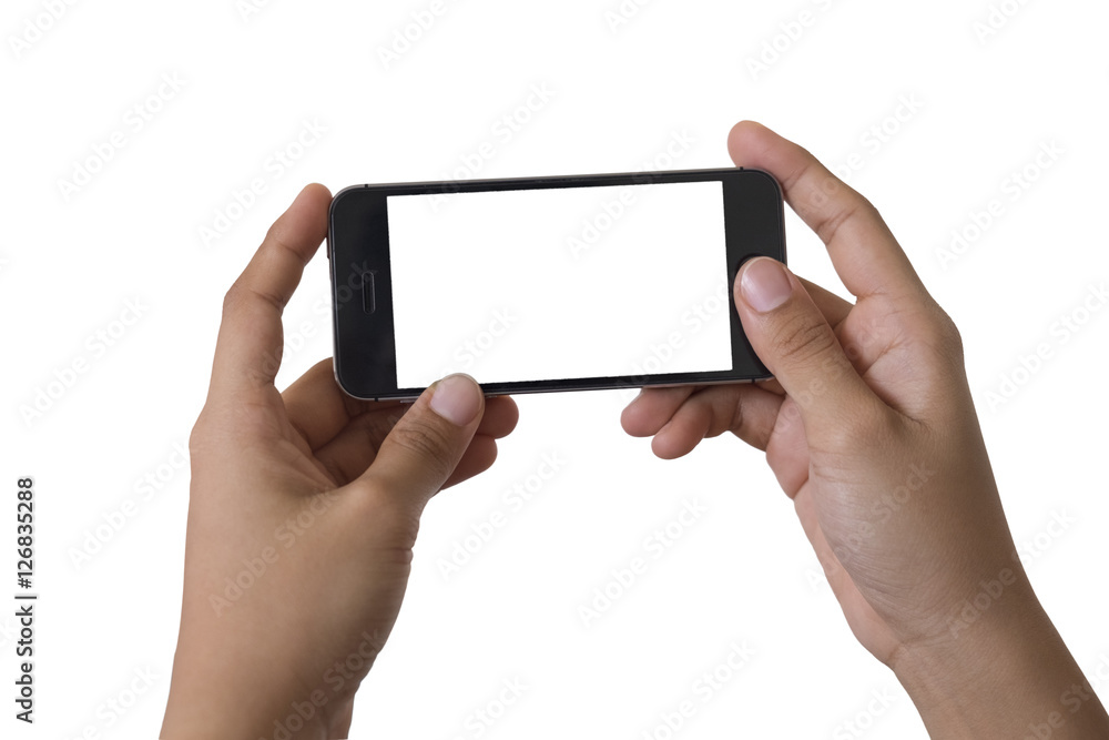 Two hand holding back smartphone isolated on white background Two hand holding back smartphone isolated on white background