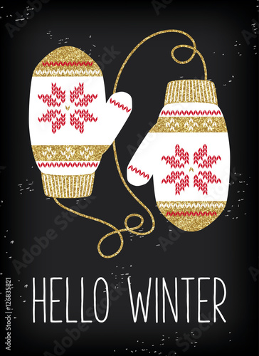 Christmas greeting card, vintage knitted mittens background. Gold glitter texture. White mittens with gold and red scandinavian pattern. Hello winter.