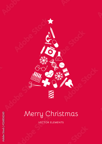 White medical icons in the shape of a Christmas tree on a red background. Vector elements for New Year