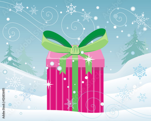 Christmas Pink Gift Box with Bow on Snow Landscape