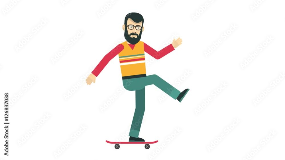 Bearded hipster riding on skateboard. Looped animation with transparent background. Bearded hipster riding on skateboard. Looped animation with transparent background.