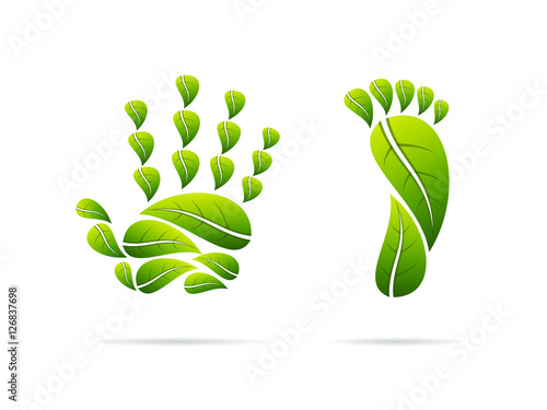 Ecological leaves concept icons. Hand and foot shaped. Vector illustration.