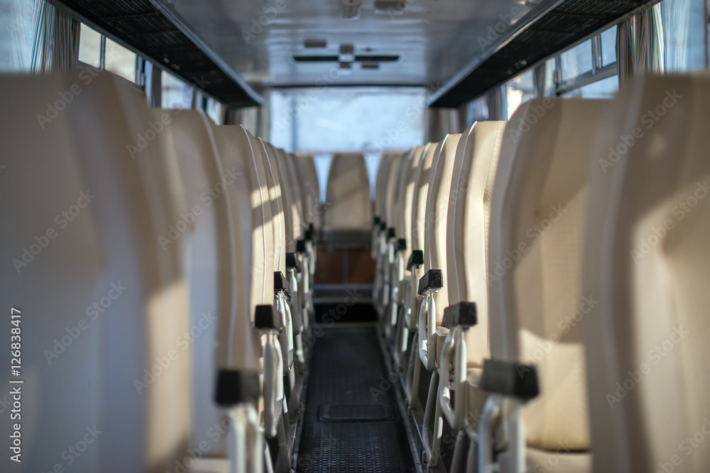 Obraz premium Empty interior of the bus at morning.