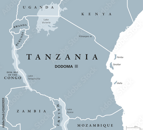 Tanzania political map with capital Dodoma, national borders, islands Zanzibar, Pemba and neighbor countries. Republic in Eastern Africa. English labeling. Gray colored illustration over white.