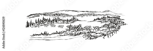 Wolves, passing the lake/Seven polar wolves crossing the frozen lake. Winter landscape.