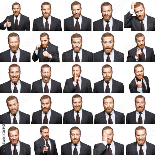 mosaic of businessman expressing different emotions.
The bearded businessman with suit with 25 different emotions. isolated on white. studio shot. photo