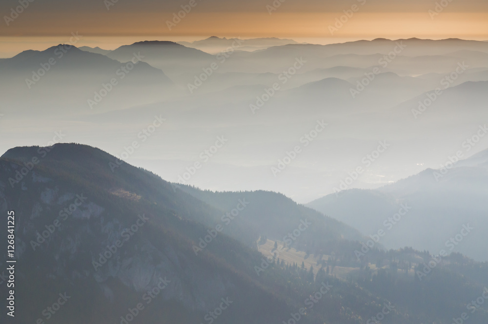 Panoramic mountain view at sunrise