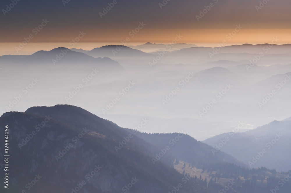Panoramic mountain view at sunrise