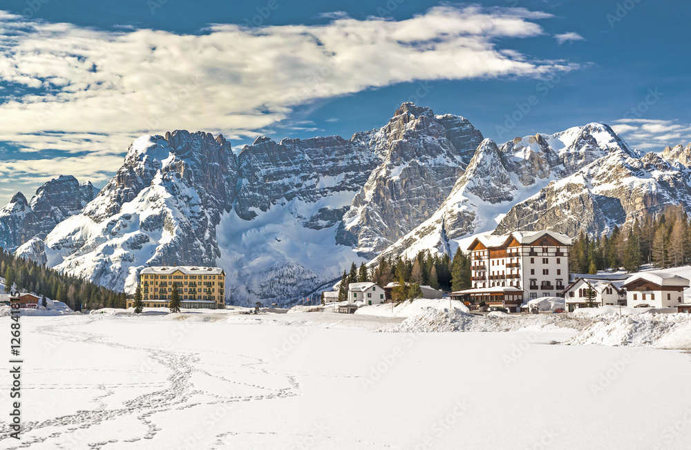 Dolomites mountains and resort in winter