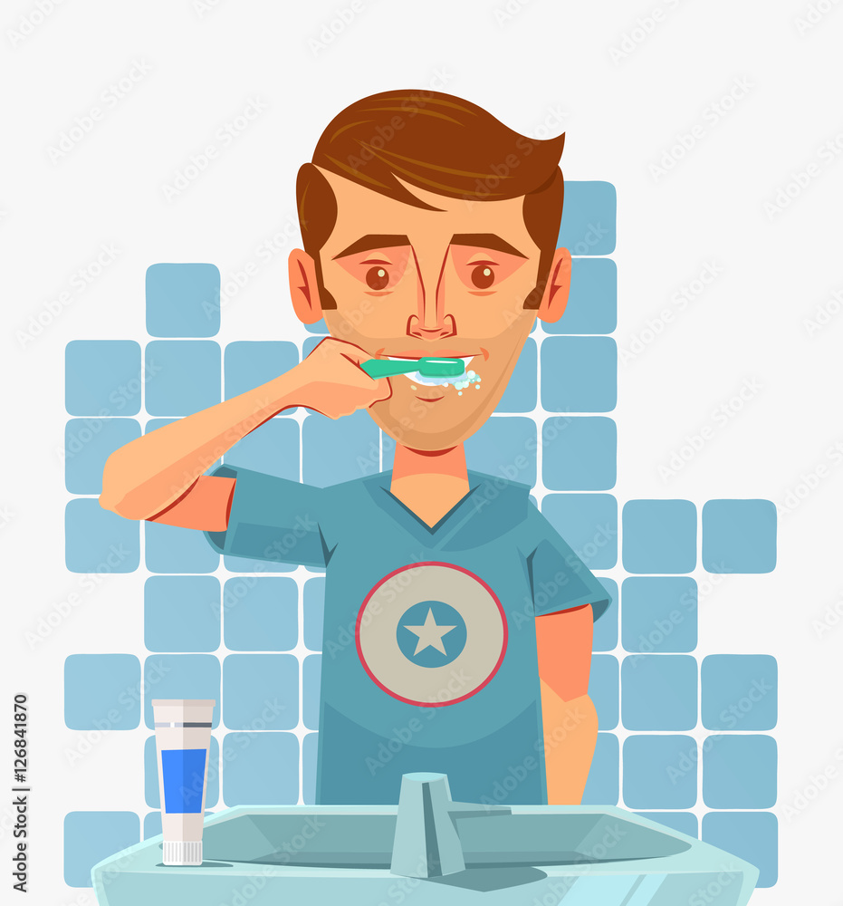 Man character brushing teeth at morning. Vector flat cartoon