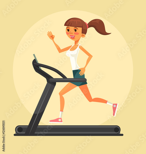 Woman character running on treadmill. Vector flat cartoon illustration