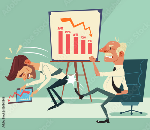 Angry boss character kick worker character ass. Financial crisis. Graph down. Vector flat cartoon illustration