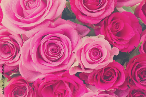 round bouquet of pink and magenta roses close up background, retro toned