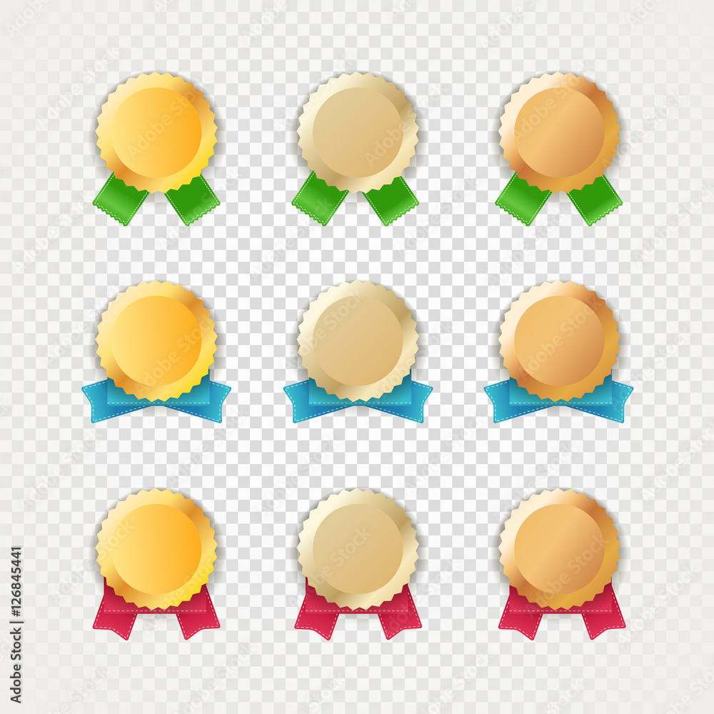 Different metal medals with color ribbons isolated on transparen Different metal medals with color ribbons isolated on transparen