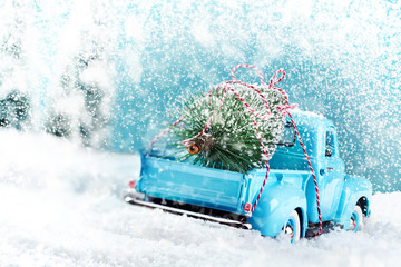 Snow countryside with christmas tree truck