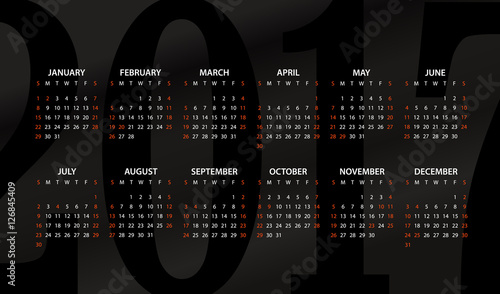 2017 year color calendar template. Flat design template