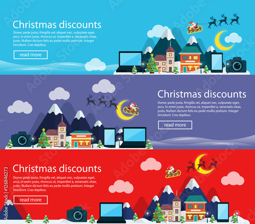 Merry Christmas banners in flat style. Christmas and New Year's sale of electronics. Mobile phone, laptop and camera. Template for advertising in social networks and email lists. Vector illustration