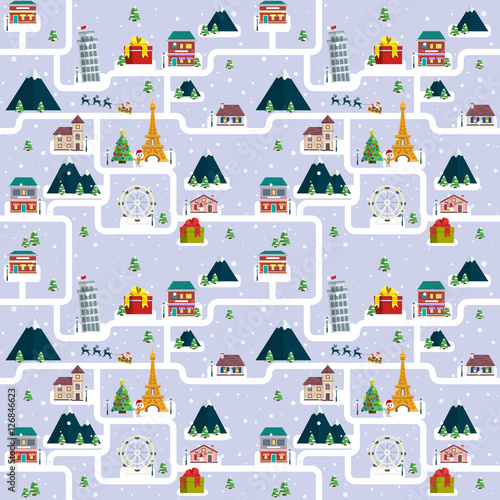 Christmas seamless pattern with Santa and festive town. Vector seamless pattern. Attractions; houses; mountains; gifts and ferris wheel. Winter festive background for advertising and packaging.