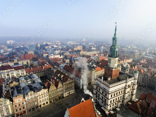 Town Hall (ratusz) and old market square in Poznan, Poland. Aerial view