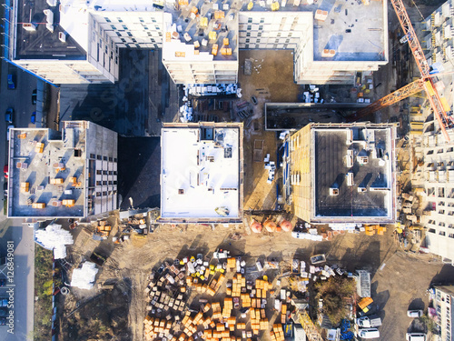 Construction site with crane and building - Aerial view