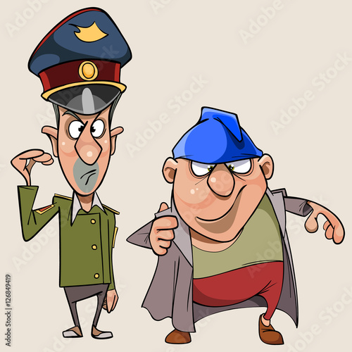 cartoon man in the form of a military and a thick topper